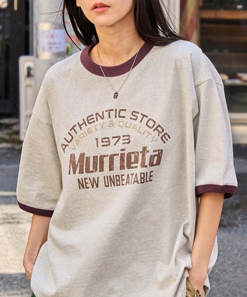 ヴィンテージライクロゴデザイン ビッグシルエットリンガー半袖Tシャツ