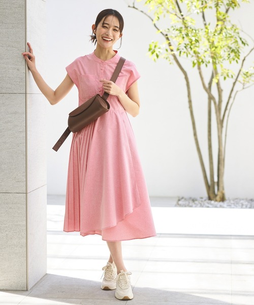 洗えるサイドプリーツ・アシンメトリーワンピース(ベルト付き