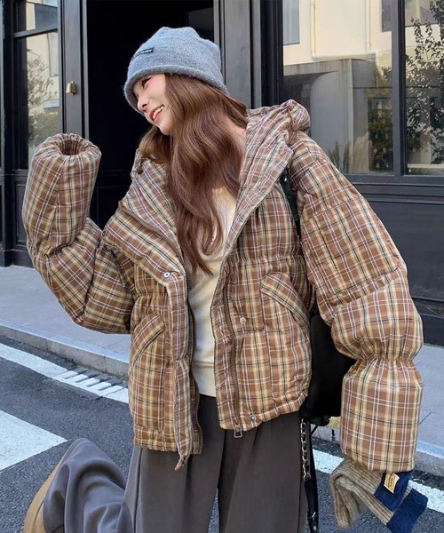 チェック柄フード付き中綿ジャケット（ダウンジャケット/コート