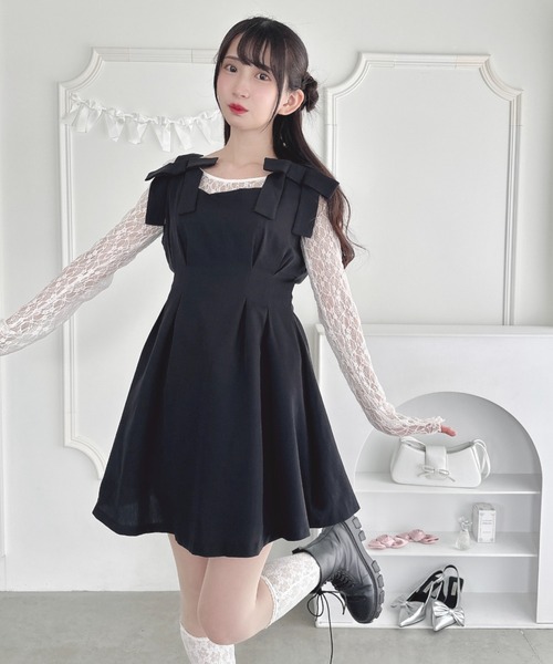 ルイルエブティック ワンピース ツイード ボウタイ リボン 黒 M ルイ