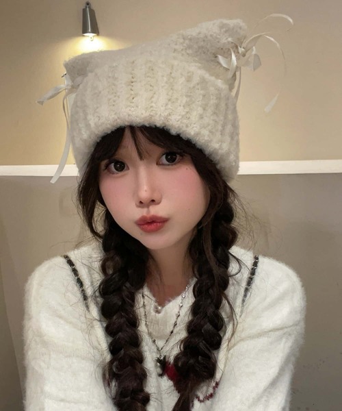 2025年 コムデギャルソン ガール ニット帽 ネイビー リボン付き 2025年