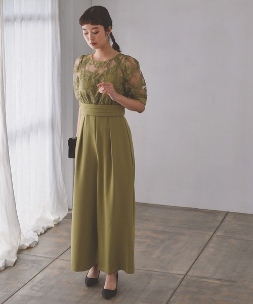 レース刺繍 ハイウエスト パンツドレス パーティー ドレス 結婚式