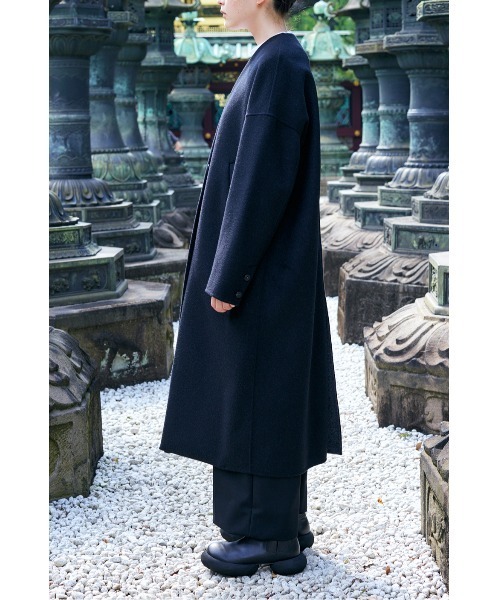 良品】ENFOLD ロングコート リバー ウール ネイビー×ブルー 38 ENFOLD