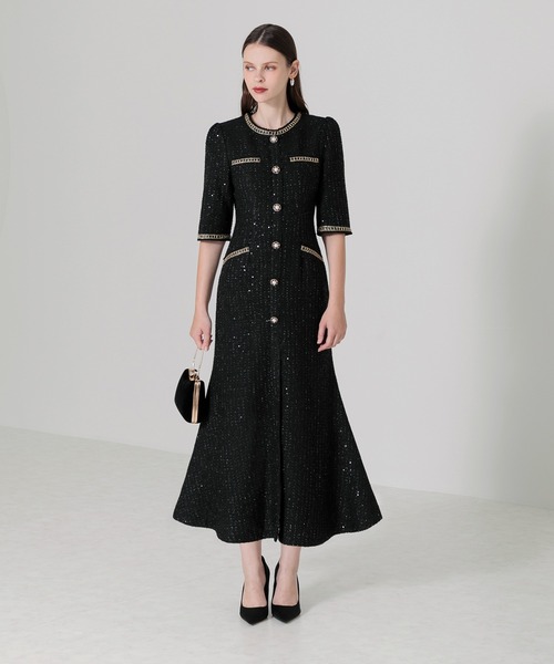 セール】【LEJA】ラメ混ツイードレザーパイピングパール釦スパンコール