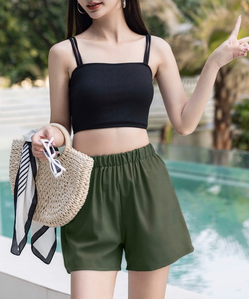 レディース水着 長袖シアートップス+ショートパンツ+ダブルストラップ
