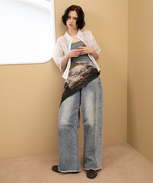 forksy.】リメイク風 サイド切り替え デニムカーブパンツ forksy