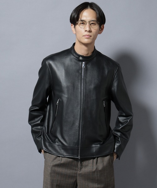 ラムナッパレザーバンドカラーライダースジャケット（ライダース