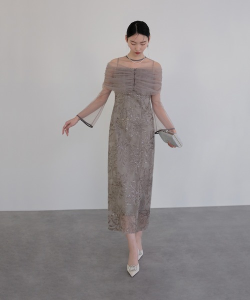 セール】【LEJA】チュールオフショルダー花柄Iラインドレスワンピース