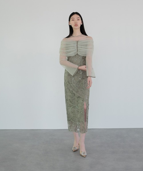 セール】【LEJA】チュールオフショルダー花柄Iラインドレスワンピース