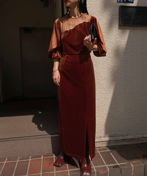 Ameri vintage 2WAY CURVE VELOURS DRESS