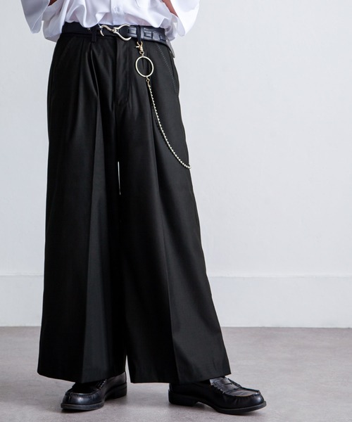 420g/mTR配色ステッチワイドルーズ袴パンツ/センタープレス 袴