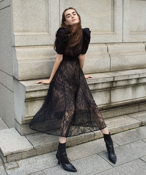 ブラック フラワー刺繍 マキシドレス ショール付き オリジナル