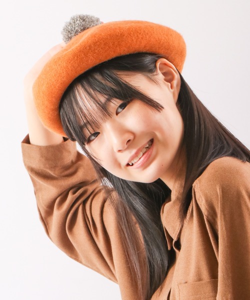CARAMEL ネイビー ポンポン付きベレー帽 ベレー帽 ポンポン 帽子[品番