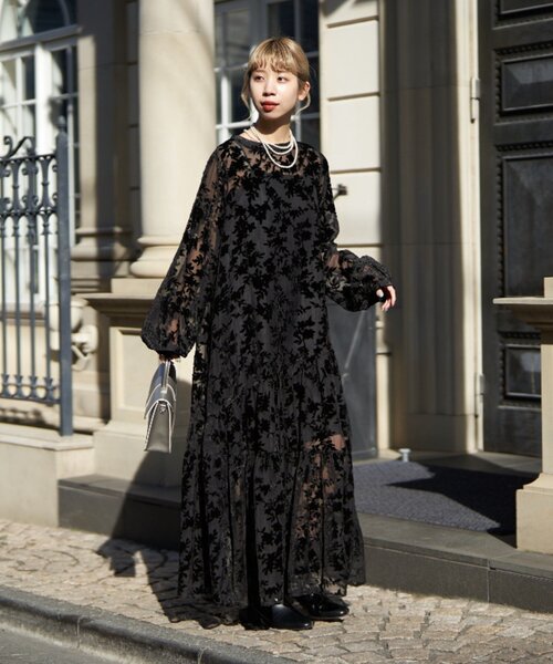 セール】【前後2WAY】ベロアフラワーティアードワンピース（ワンピース