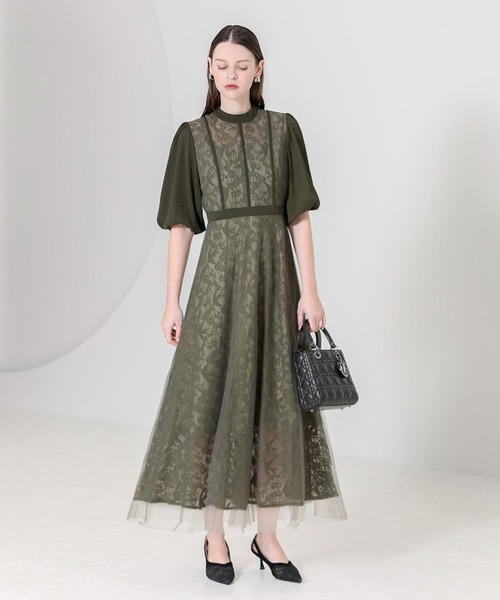 セール】【LEJA】美脚効果ハイウエストチュールレース切り替えドレス