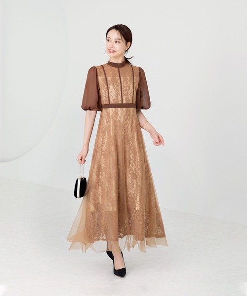 セール】【LEJA】美脚効果ハイウエストチュールレース切り替えドレス