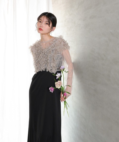 セール】チュール ボリューム フリル ベスト シアー トップス