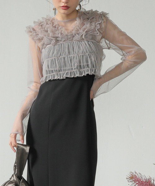 セール】チュール ボリューム フリル ベスト シアー トップス