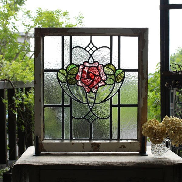 大きなピンクのバラのステンドグラス イギリスアンティーク 60.5cm