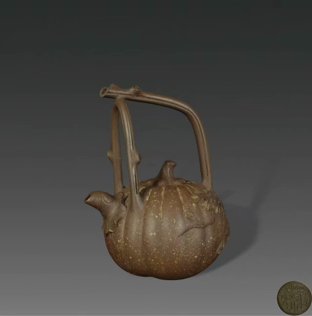 紫砂壶名家作品欣赏_南瓜提梁壶- 陈壶