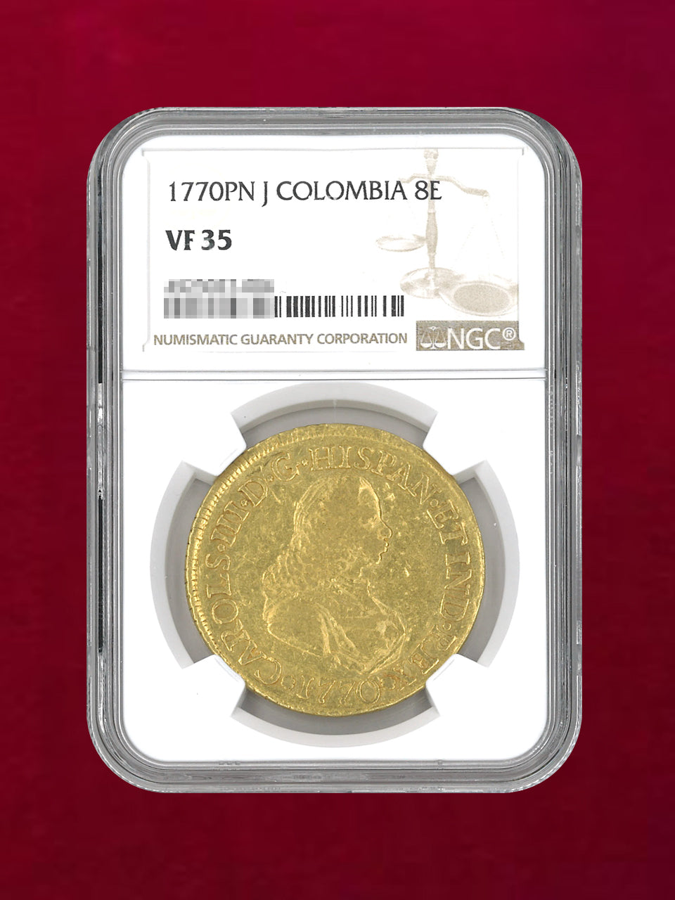 コロンビア】8エスクード 金貨 1770PN J COLOMBIA NGC VF 35［A