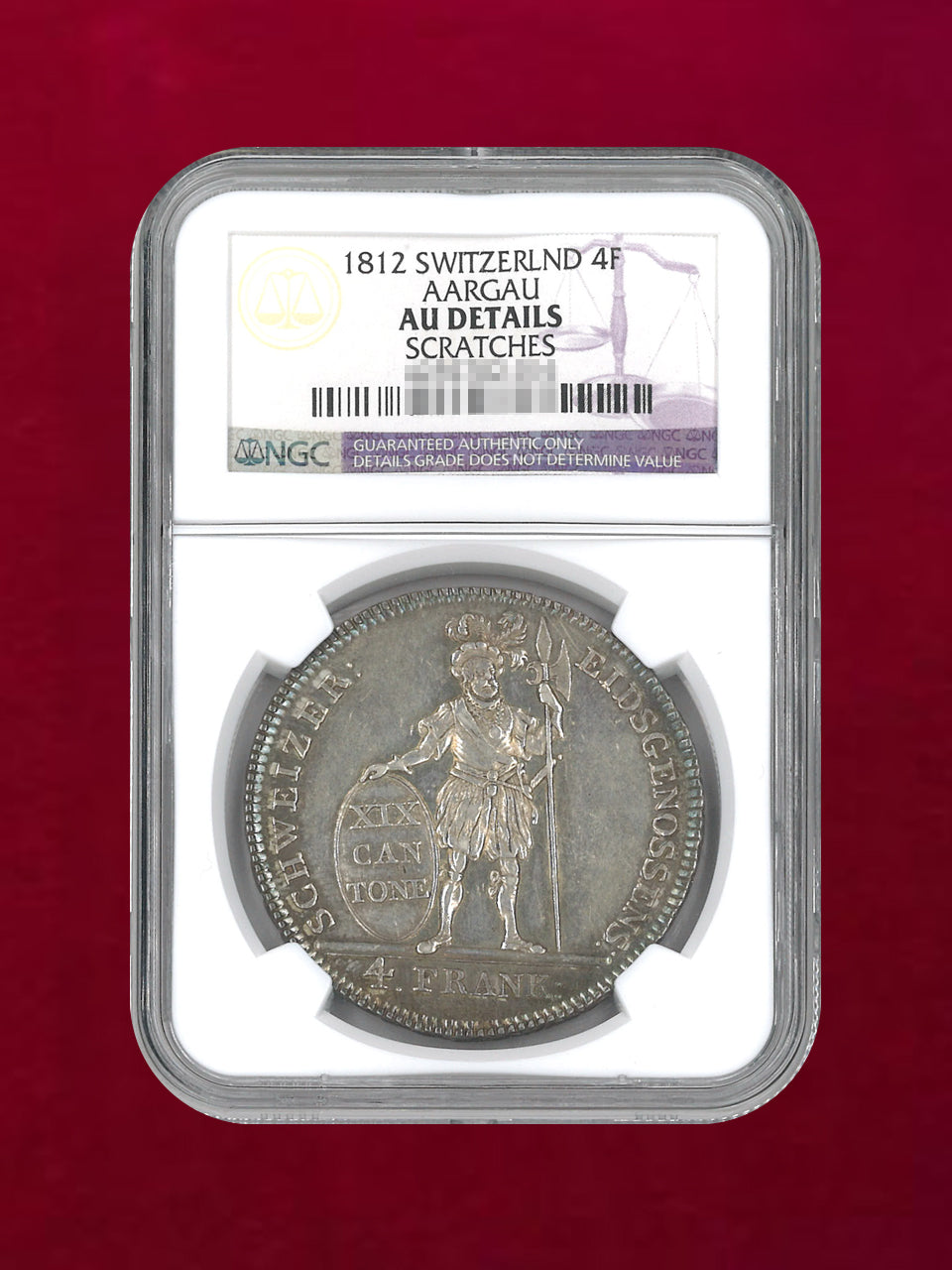 スイス・アールガウ】4フラン 銀貨 AARGAU 1812 NGC AU DETAILS