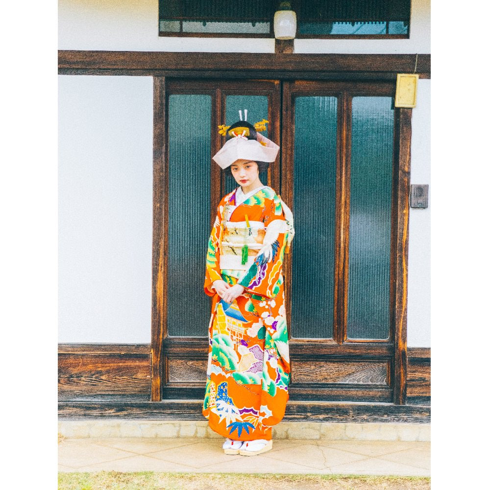 アンティーク振袖 朱赤地/鶴に松竹梅 【結婚式 和装 引き振袖 レンタル