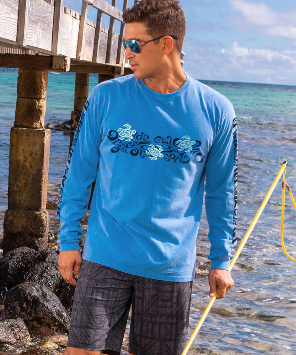 Tribal Honu Band T-Shirt | Men's Blue Hawaii Dyed Long Sleeve Crewneck