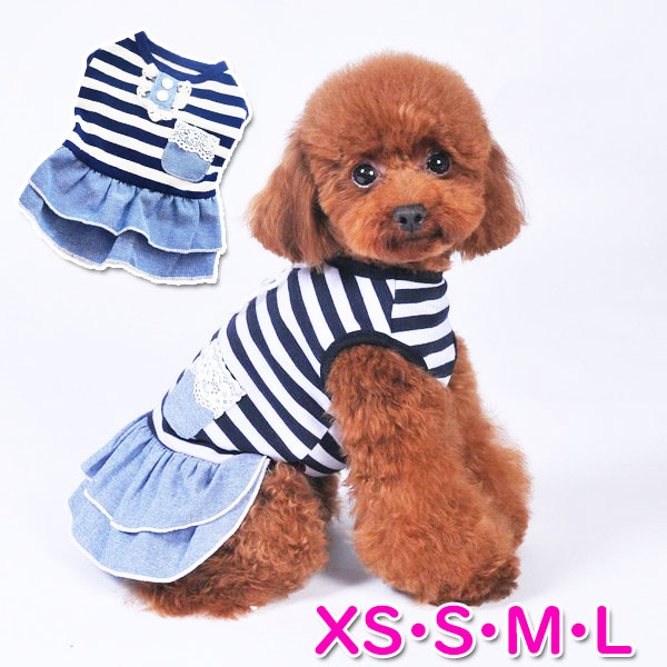 犬服 No.197 トリコロールボーダー×デニムワンピース ハンドメイド