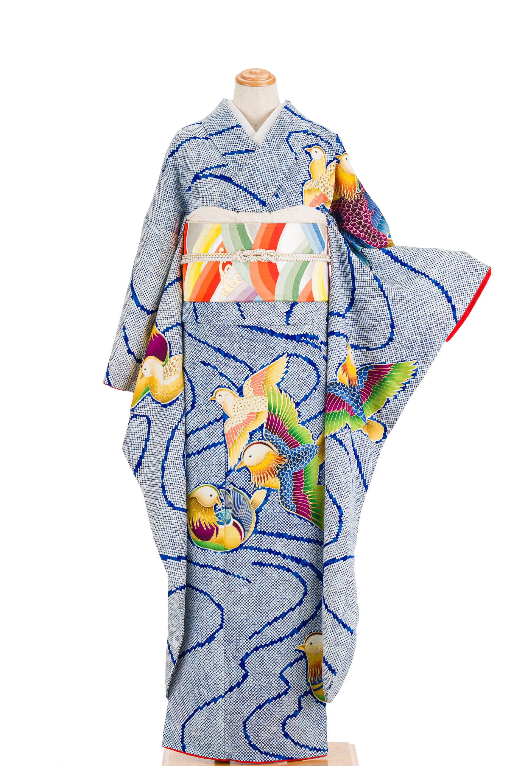 白地 型染め 流水 扇 花模様 鳥 振袖 034w 白地型染め流水扇花模様鳥