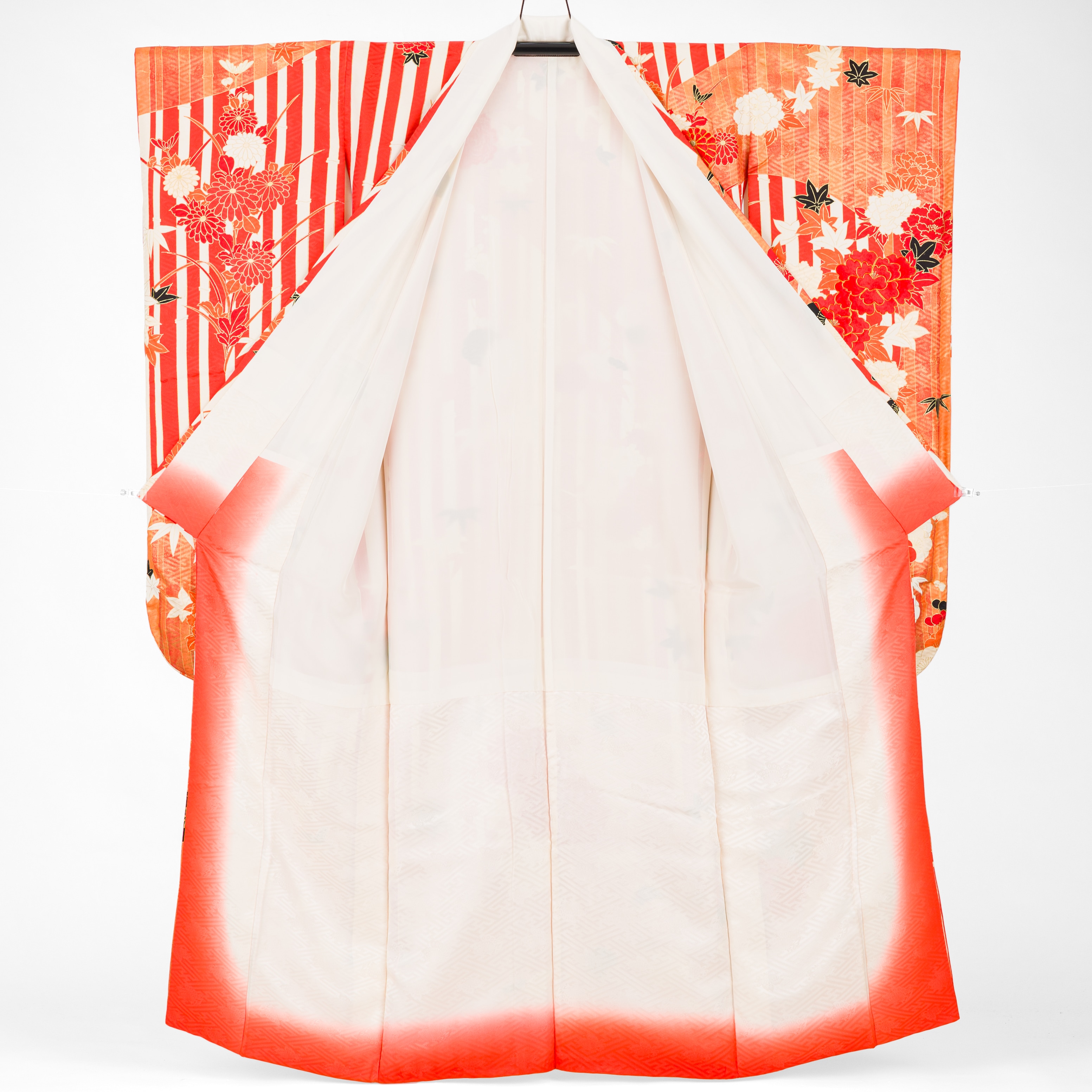 振袖 竹の縞と牡丹 - からん::アンティーク着物・リサイクル着物の通販
