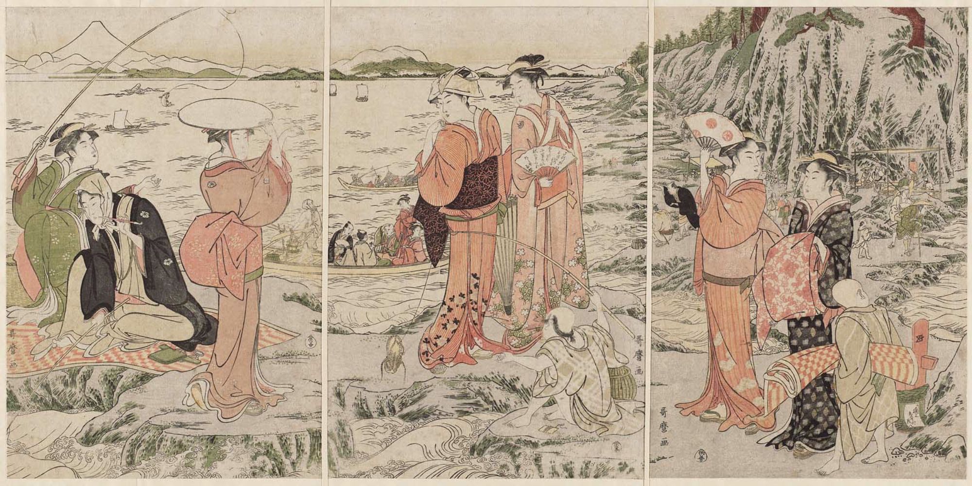 模写/伝/喜多川歌麿/橋下男女魚釣図/布袋屋掛軸HC-918 模写/伝/