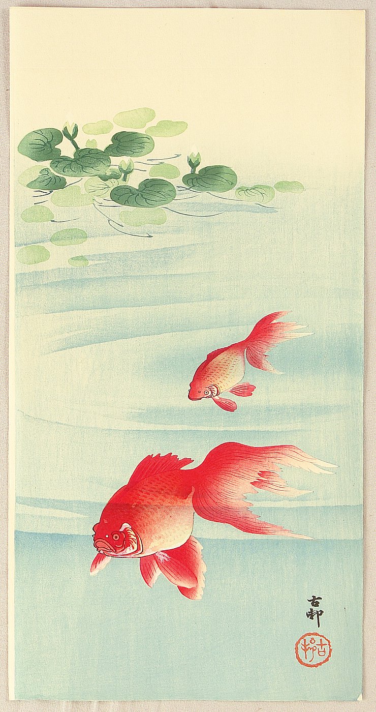 小原古邨「睡蓮に二匹の金魚」本物木版画 小原古邨「睡蓮に二匹の金魚
