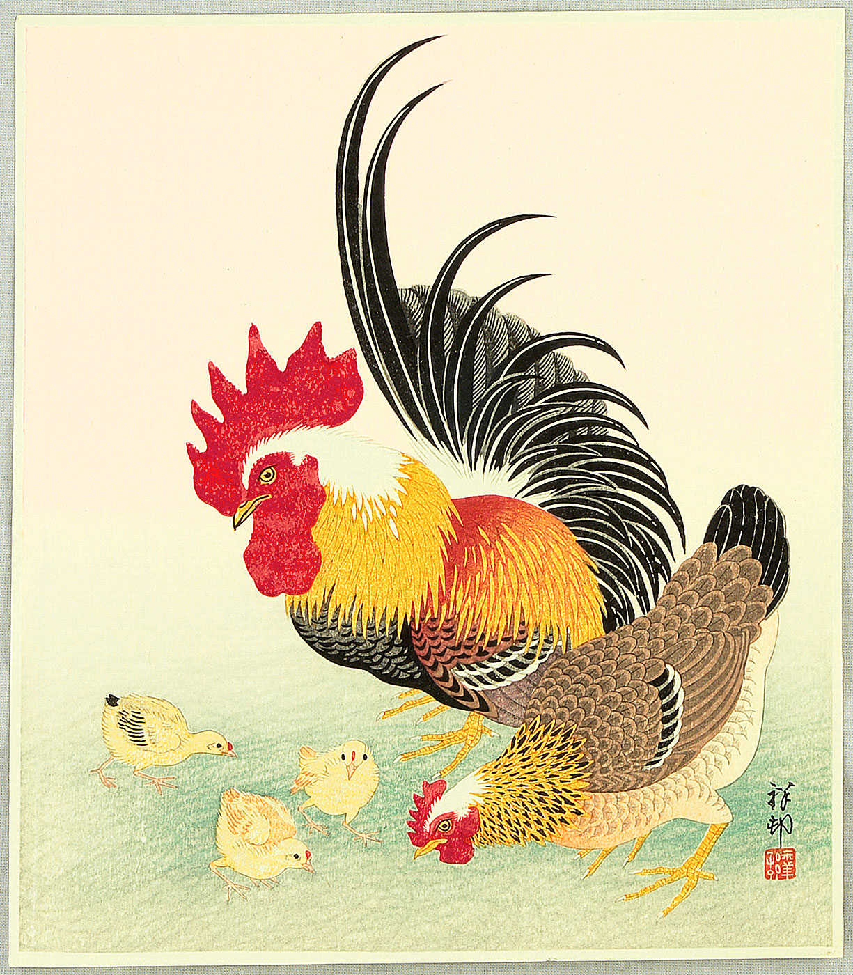 小原古邨「雄鶏と雌鶏」本物木版画 小原古邨「雄鶏と雌