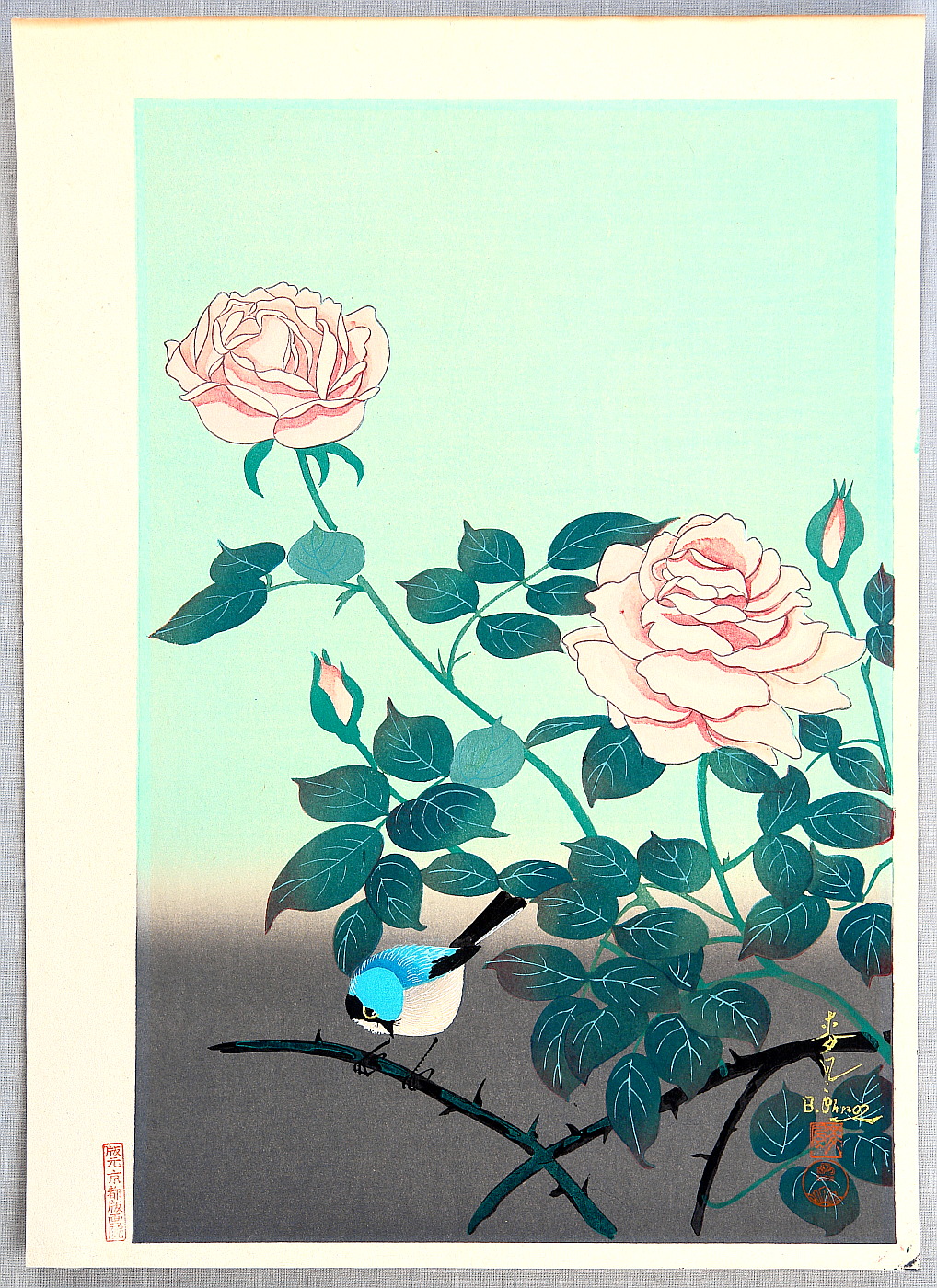 Ono Bakufuによる浮世絵「Rose and Bird」