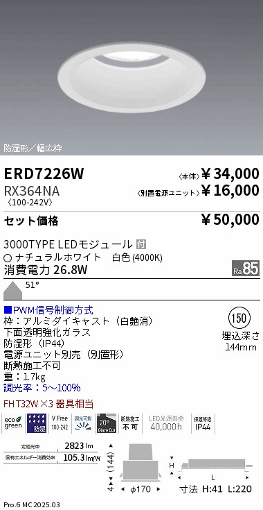 ENDO LED防湿形ベースダウン ERD2663W（ランプ付）2個 ENDO LED