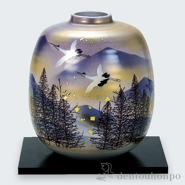 花瓶 金箔鶴木立連山 6号 花台付 / ガラス フラワーベース 花器