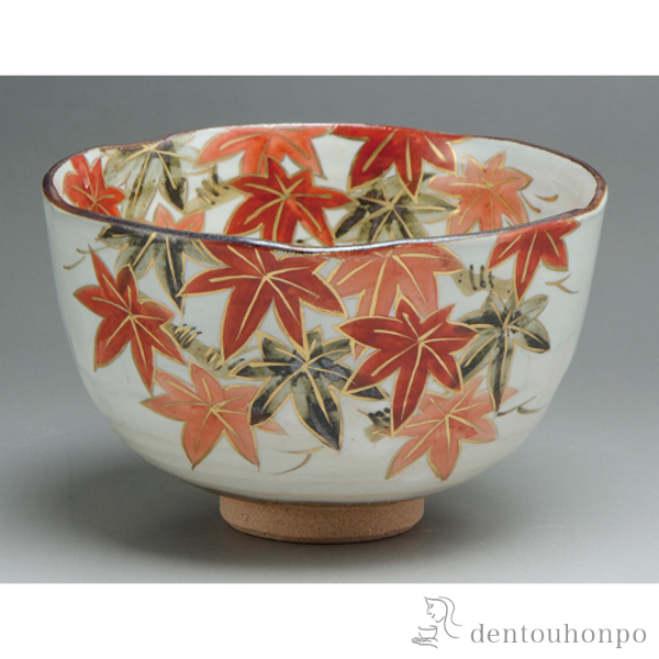 抹茶碗 茶器 茶道具 京焼 平安総峰 雲泥彩雲錦文様 紅葉 銘 共
