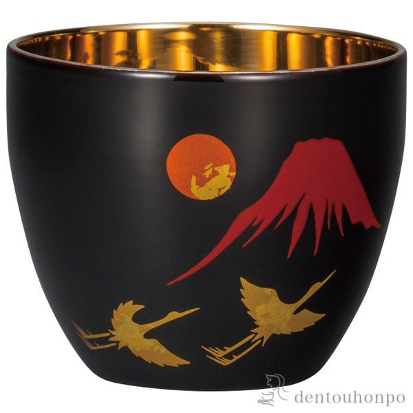 送料無料】 漆磨2重ぐい呑み 手描き 富士に鶴 1個 / ぐいのみ 盃 酒器