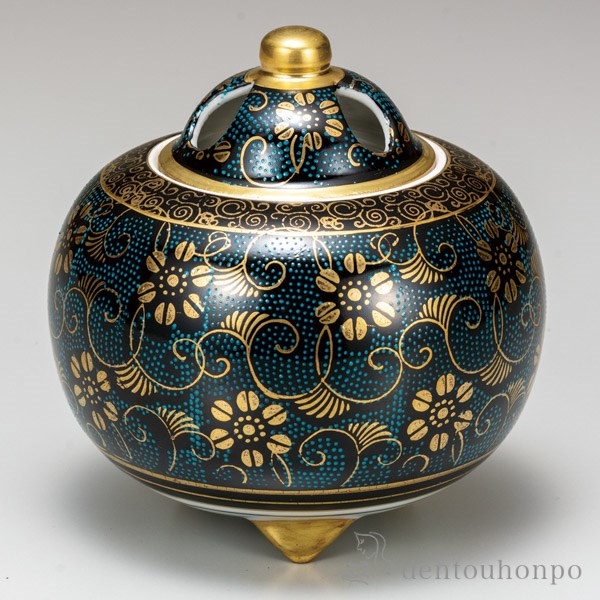 九谷焼 林伊平作 香炉(共箱付き) 林伊平 九谷焼青粒香合 共箱 栞