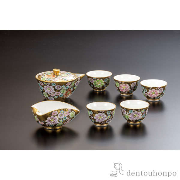 九谷焼煎茶揃 赤金花柄急須と茶碗セット 九谷焼煎茶揃 赤金花柄急須と