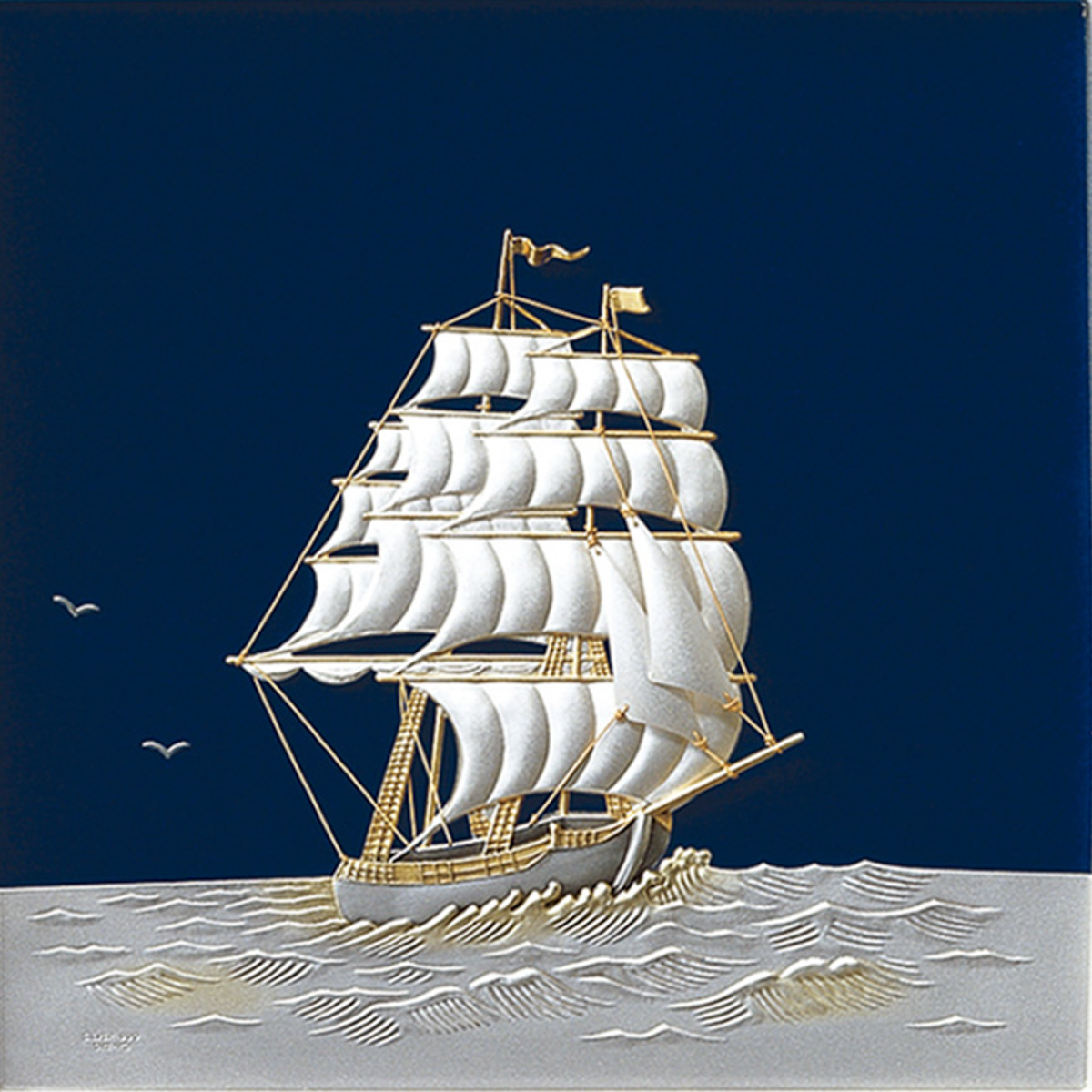 関 武比古 純銀 額 帆船 6号 大洋をゆく白い帆 煌く波 金銀