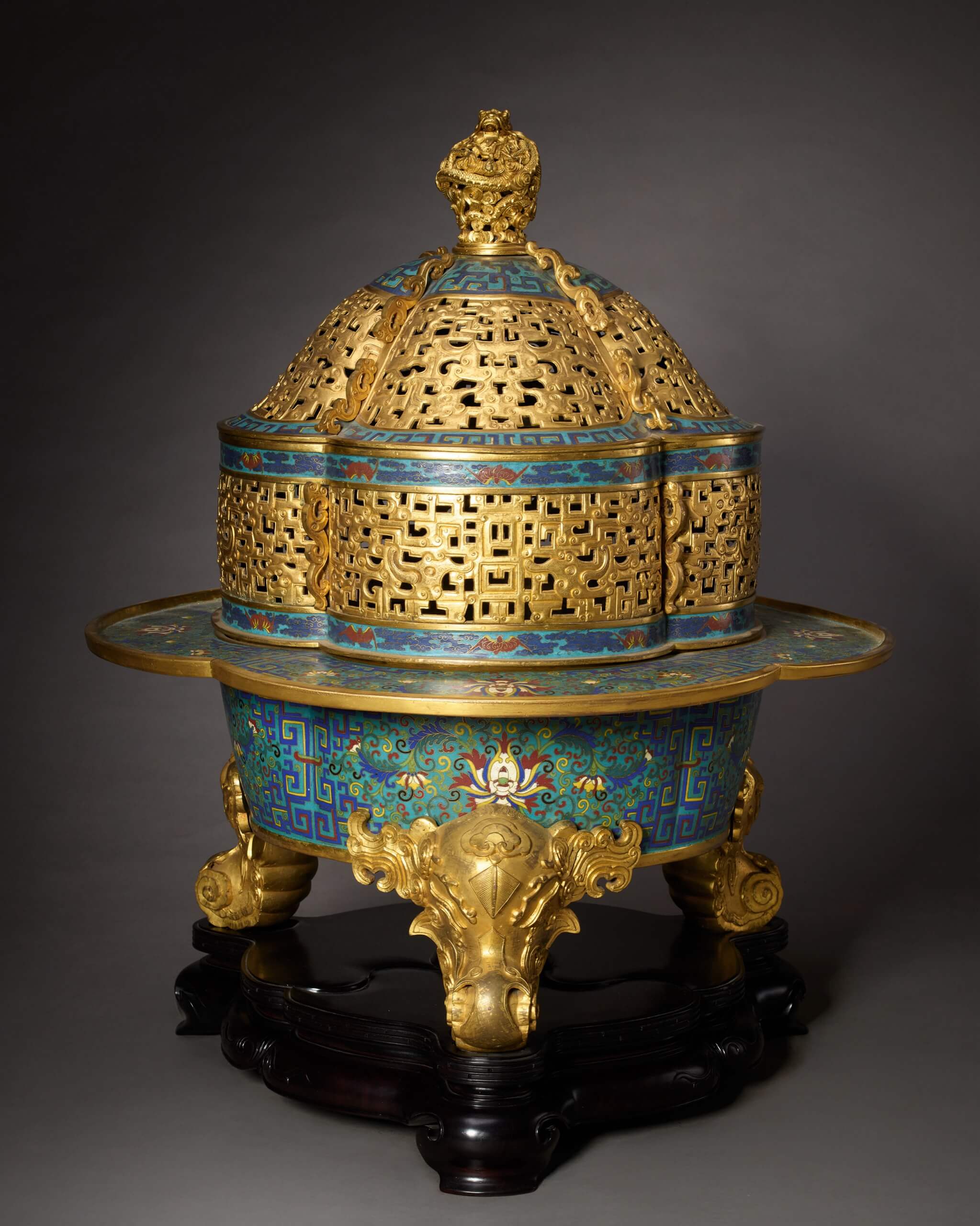 中国美術 古銅製 塗金 雲双龍文香炉【乾隆御製】香道具 古玩唐