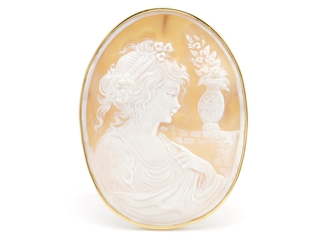 18金 K18 三層シェルカメオ 帽子 シェル カメオブローチ ペンダント