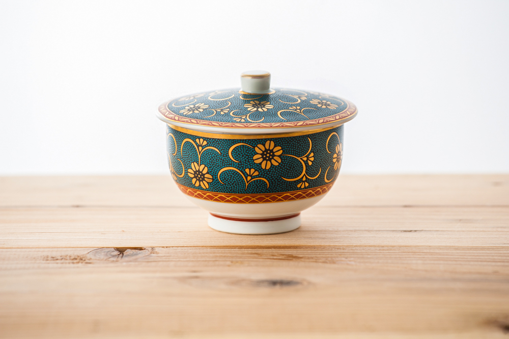 2243 九谷焼 金彩色絵 細字 漢詩 蓋付湯呑 2客 2243 九谷焼 金彩色