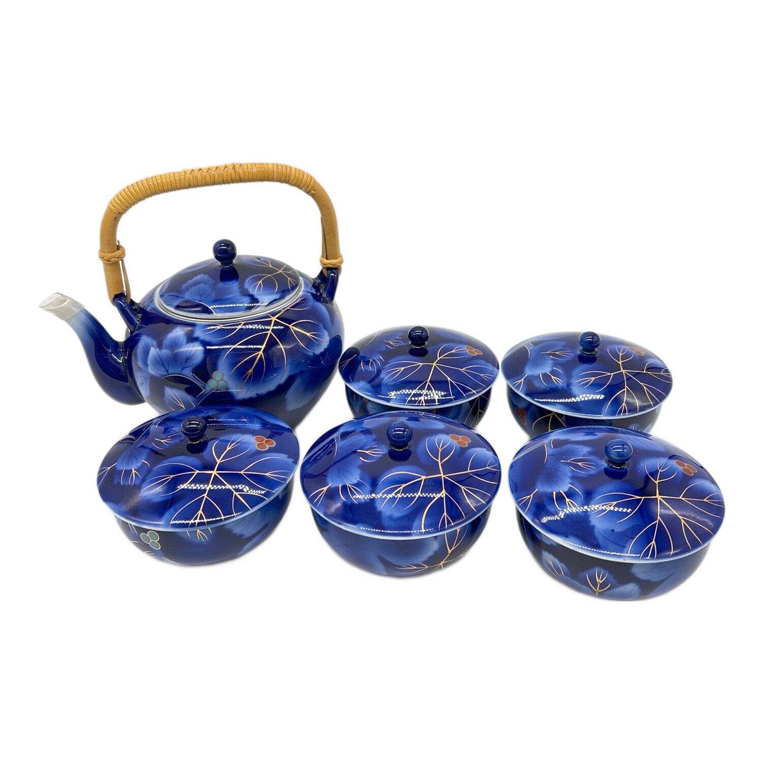 深川製磁 (フカガワセイジ) 茶器セット 染錦瑠璃葡萄 急須1・湯呑み5