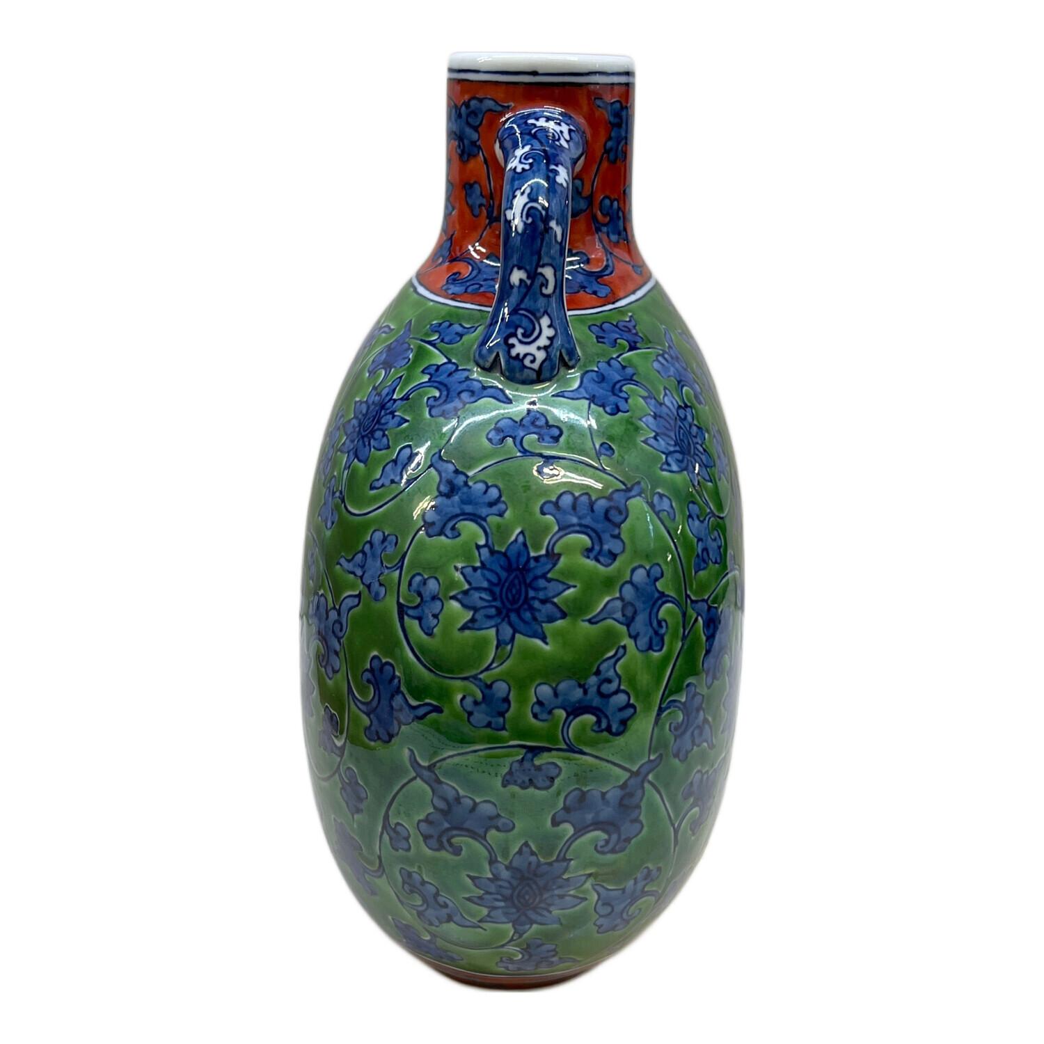 源右衛門窯 (ゲンエモンガマ) 扁壷 館林源右衛門 染錦緑彩唐草