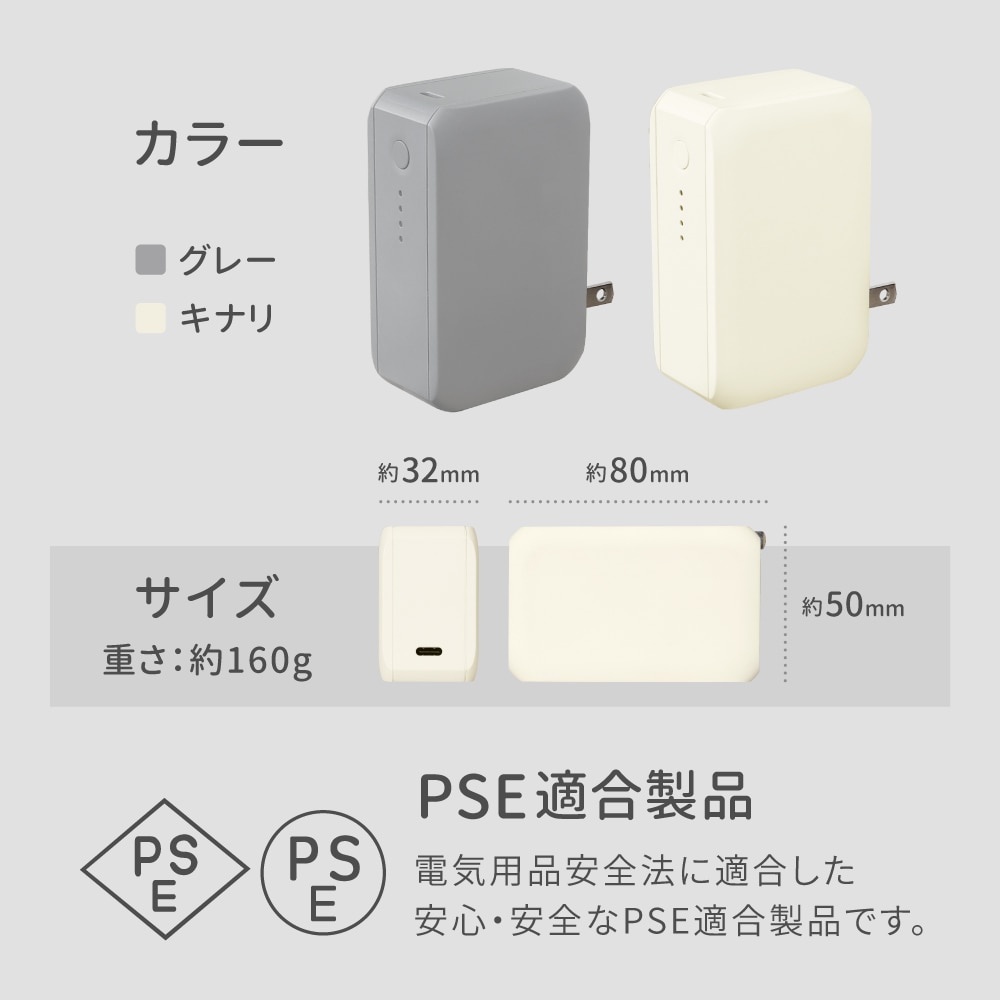USB Type-C出力 ACモバイルバッテリー グレー 最大PD20W対応 5000mAh