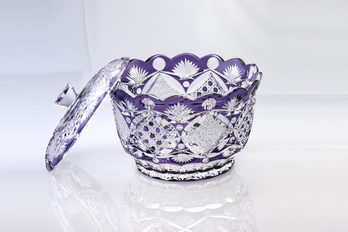 昭和レトロ アンティーク切り子紫ガラスと銀色の蓋のセット三越 昭和