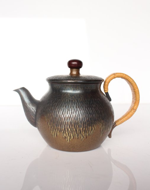 玉川堂 鎚起銅製 壷形ござ目藤編横手急須 M043｜骨董店 のびる 古美術